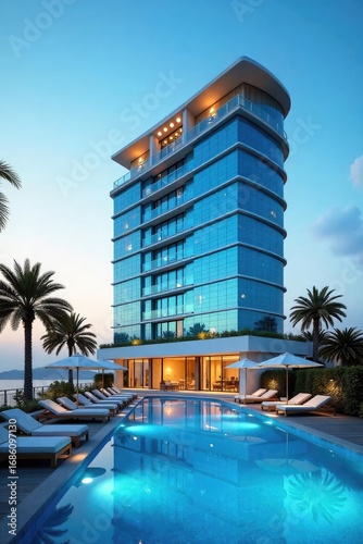 A luxurious hotel with a vibrant blue exterior, situated against a clear sky Modern architecture, stunning views, and a tranquil atmosphere are showcased , calm, luxury, sunset