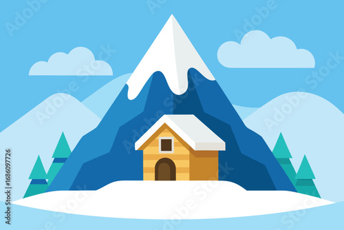 Winter landscape featuring a cozy house nestled against a snow-covered mountain, illustrated in a vector style.