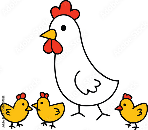 A cartoon chicken stands proudly with three adorable chicks gathered around it.