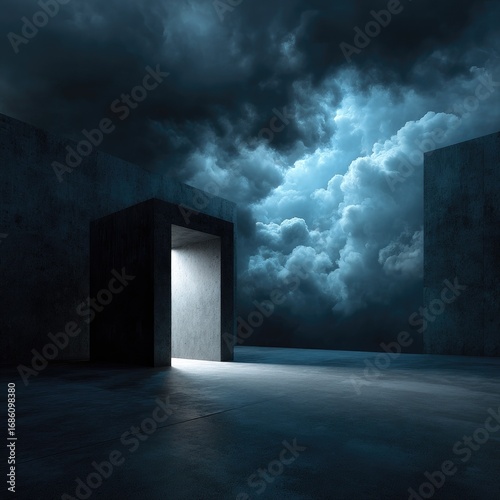 A glowing doorway in a dark, concrete structure, under a stormy sky