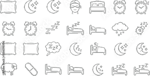 Unlock peaceful nights with this charming sleep icon collection featuring beds, moons, alarms, and sheep