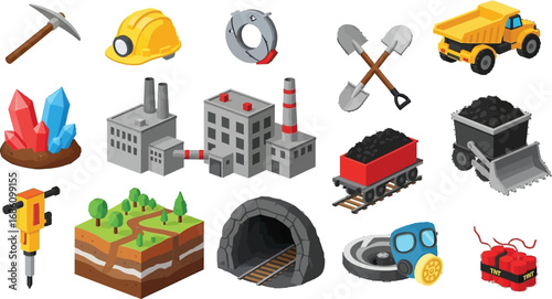 Mining industry equipment and resources depicted with isometric illustrations for industrial concepts