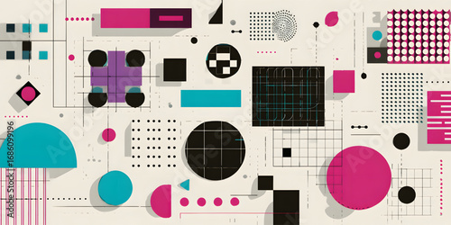 Abstract Geometric Composition with Colorful Shapes and Patterns.