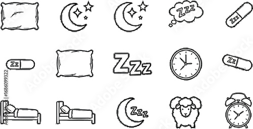 Dreamy sleep icons moon stars pillow bed clock sheep Zzz pills for restful nights