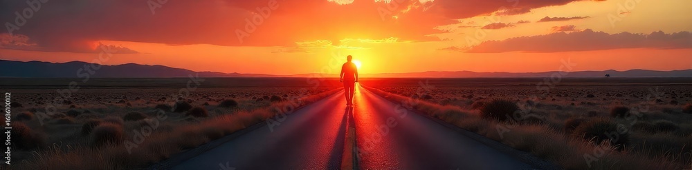 Fototapeta premium A solitary figure walks away down a long, empty road at sunset, leaving a feeling of isolation and solitude The vastness of the landscape emphasizes the separation , far, going