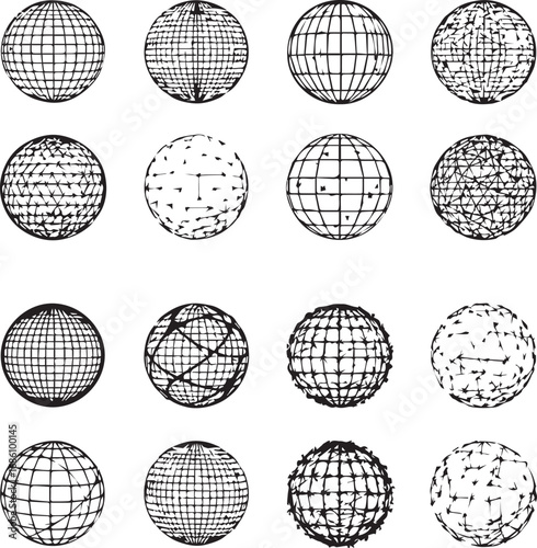 Set of 16 black and white globe grid illustrations featuring abstract spherical designs with latitude, longitude, and dot patterns
