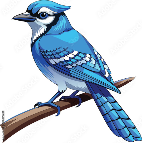 Blue jay perched on a branch, showcasing its vibrant blue feathers and distinctive crest against a blurred background.