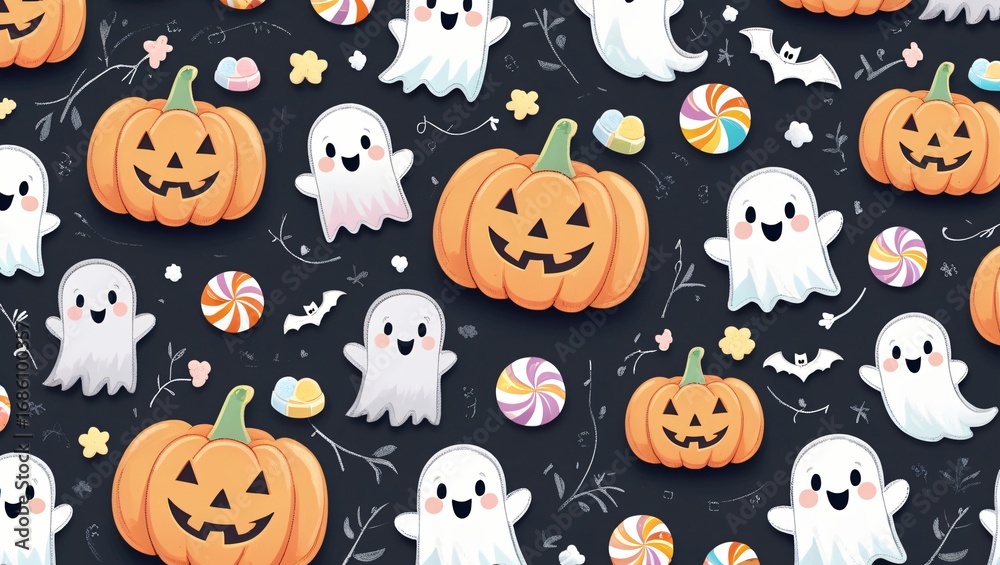 Fototapeta premium Halloween blackboard with doodles of pumpkins, ghosts, bats, and candy, pastel chalk style, kawaii and child-safe