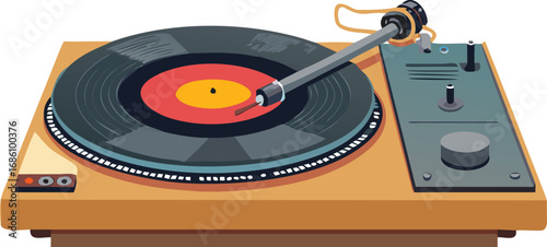 An illustration of a turntable set against a clean white background, showcasing its design and features.