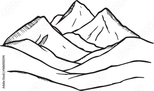 Black and white line drawing of mountainous landscape with layered peaks, ridges, and minimalist contour shading
