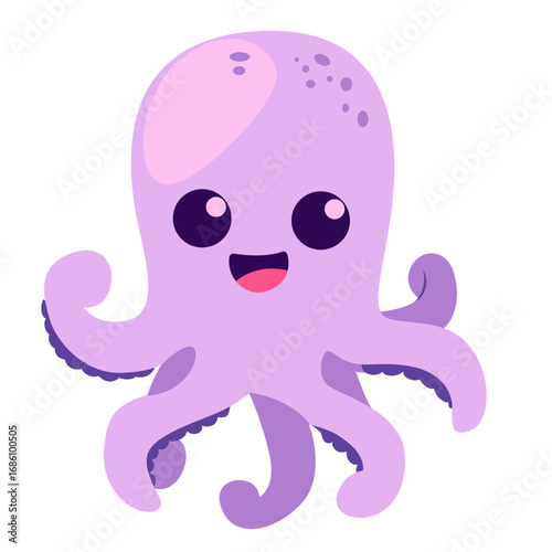 2d illustration cute cartoon octopus with purple body, big eyes, eight arms, cheerful smile, adorable underwater marine animal illustration.