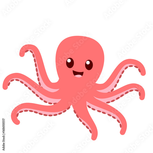 2d illustration cute cartoon octopus with pink body, round head, eight arms, big eyes, smiling expression, adorable underwater marine animal design.