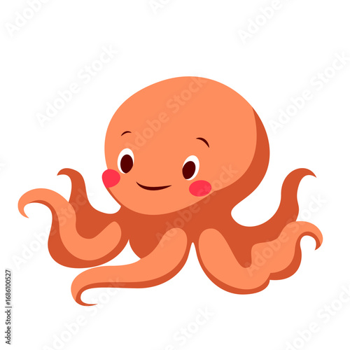 2d illustration cute cartoon octopus with orange pink body, big eyes, eight arms, smiling expression, playful underwater marine animal design.