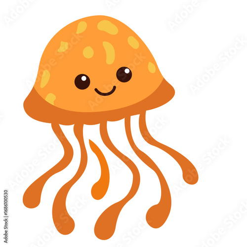 2d illustration cute cartoon jellyfish with orange bell, long tentacles, smiling face, adorable sea creature, simple marine animal character design.