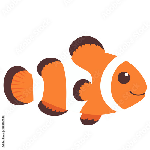 2d illustration cute cartoon clownfish with orange body, black stripes, big eyes, cheerful expression, marine character, tropical sea illustration design.