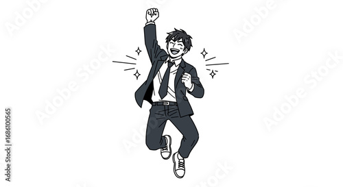 Successful professional celebrating a victory, illustrated in a dynamic monochrome style