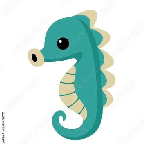 2d illustration cute cartoon seahorse with turquoise body, yellow fins, curled tail, smiling face, colorful marine animal for children design.