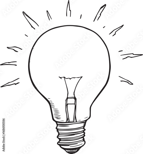 Black and white illustration of incandescent light bulb with visible filament and radiant lines symbolizing inspiration and ideas