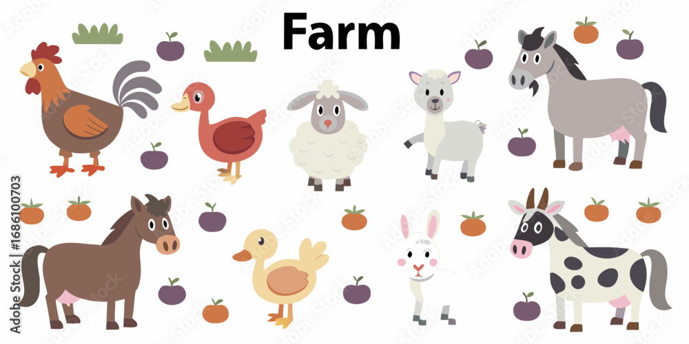 Fototapeta premium Collection of cute cartoon farm animals including rooster sheep horse duck cow rabbit and llama