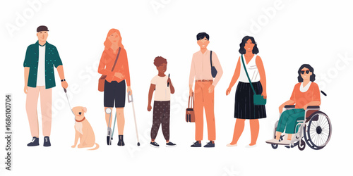 Diverse group of people with disabilities and a guide dog standing together