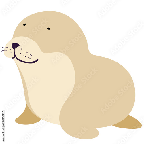 2d illustration cute cartoon seal with beige body, sitting happily. Perfect for ocean themes, children’s books, marine life, rural, or playful concepts.