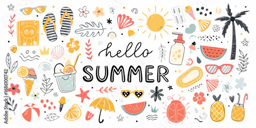 Hello summer hand drawn elements featuring sun palm tree ice cream sunglasses and beach ball