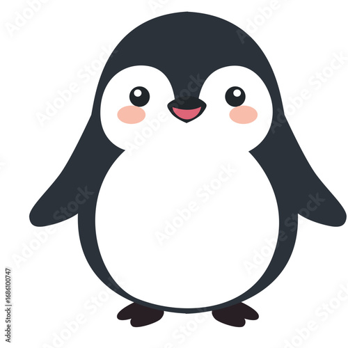 2d illustration cartoon penguin with black and white body, standing happily. Perfect for winter themes, children’s books, rural designs, and playful concepts.
