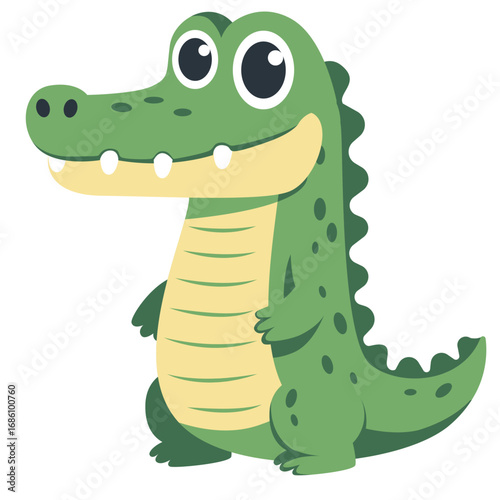 2d illustration cartoon crocodile with green body, smiling face. Perfect for jungle themes, children’s books, rural designs, nature, and playful concepts.
