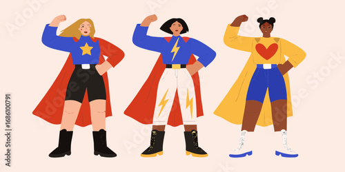 Diverse women in superhero costumes striking powerful poses celebrating strength and empowerment