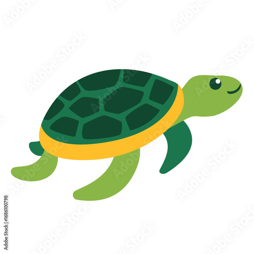 2d illustration cartoon turtle with dark green shell, walking happily. Perfect for sea life, children’s books, rural designs, or playful nature concepts.
