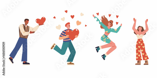 Diverse group of people joyfully celebrating and sharing love with hearts floating around them
