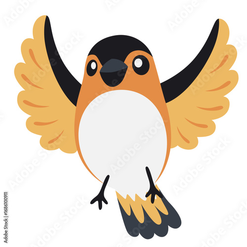 2d illustration happy robin bird with orange chest, wings open, standing pose, cartoon style flat vector suitable for kids books, spring themes, and learning.
