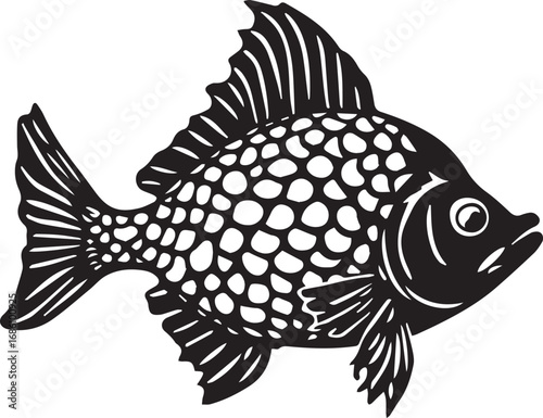 Black and white stylized fish illustration with bold lines, visible scales, fins, and eye detail on white background