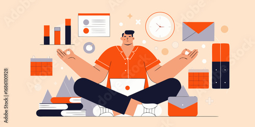 Man meditating with laptop surrounded by business and work elements like charts and calendars