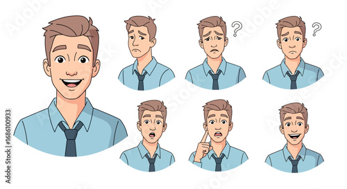 Expressive male character with varied emotions and facial expressions isolated on white background
