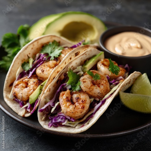 Fresh shrimp tacos with purple cabbage lettuce sliced avocado and creamy sauce in a black bowl on dark surface