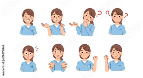 Healthcare professional in various poses, showcasing different expressions and gestures, a visual guide