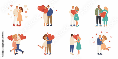 Collection of diverse couples embracing and holding heart shaped balloons celebrating love and romance