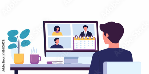 Man attending a virtual meeting with colleagues on a computer screen with a calendar