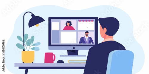 Man participating in a video conference call with colleagues from his home office desk