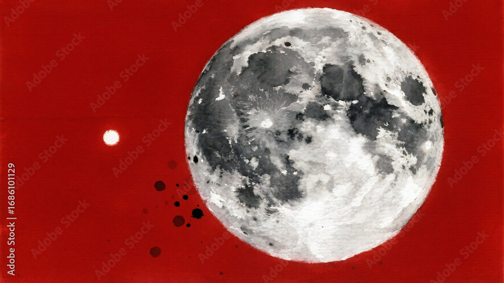 Obraz premium Red Moon Mysterious full moon glows brightly against a vibrant red cosmic backdrop with a distant celestial companion, evoking wonder and cosmic exploration.