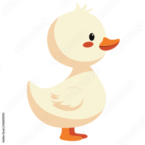 2d illustration cute baby duck with chubby cheeks and tiny wings, yellow body, flat cartoon style perfect for children’s books, learning materials, and nursery designs.
