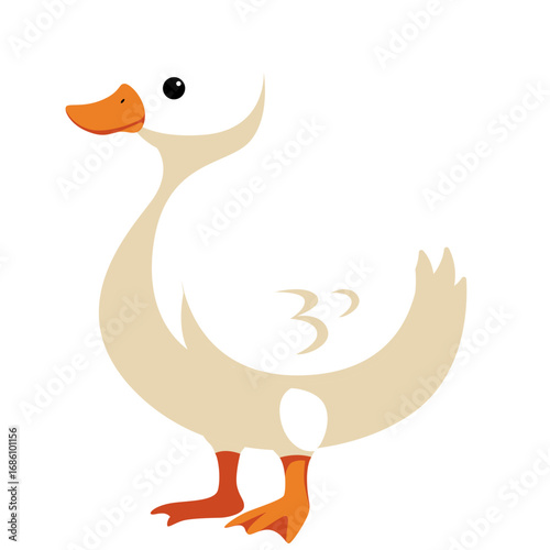 2d illustration tall cartoon goose with orange beak and white feathers, simple flat design ideal for farm-themed content, kids books, and educational visuals.
