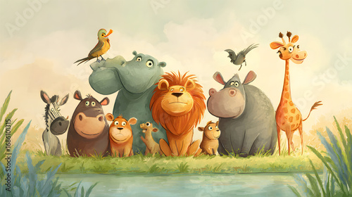 A charming group of diverse cartoon safari animals.