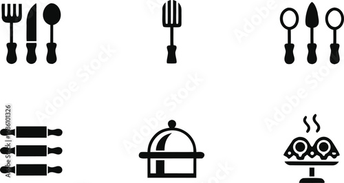 Black and white icons illustrating various items, including tools, food, and technology, arranged in a grid layout.