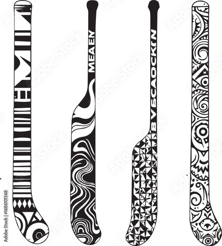 Set of 4 artistic black and white hockey stick illustrations featuring tribal, abstract, and geometric design patterns