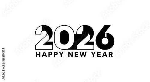 Minimalist Typography Design Celebrating Happy New Year 2026 - Black and White Illustration