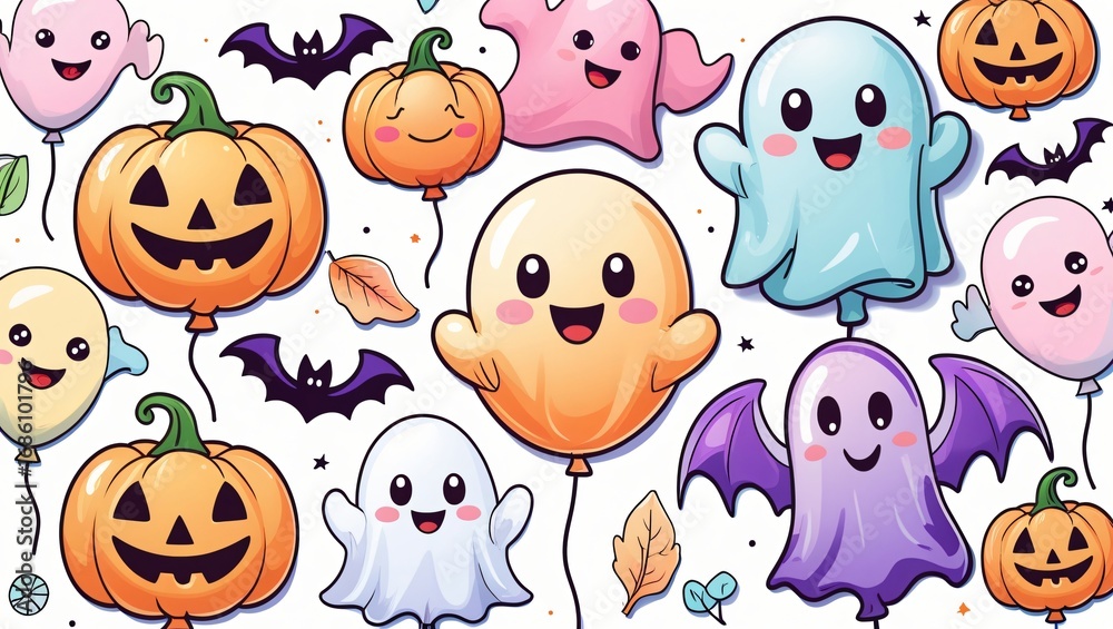 Fototapeta premium Cute Halloween balloons shaped like pumpkins, ghosts, and bats, cartoon kawaii style, bright pastel colors, child-friendly