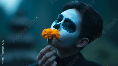 Man in day of the dead sugar skull makeup holding a marigold flower, Mexican tradition footage.