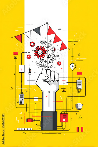 Human power technology and nature symbolized by a fist and flower.